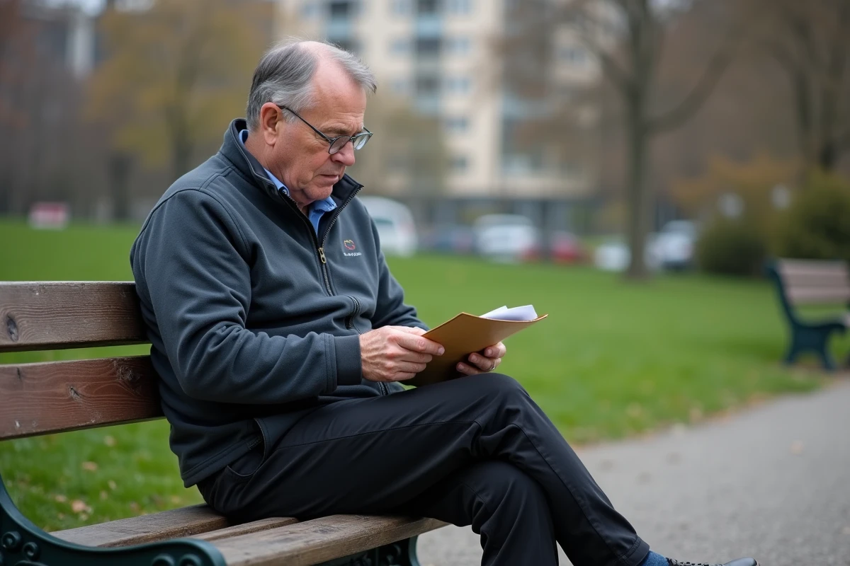 Homme lisant une lettre assis sur un banc de parc