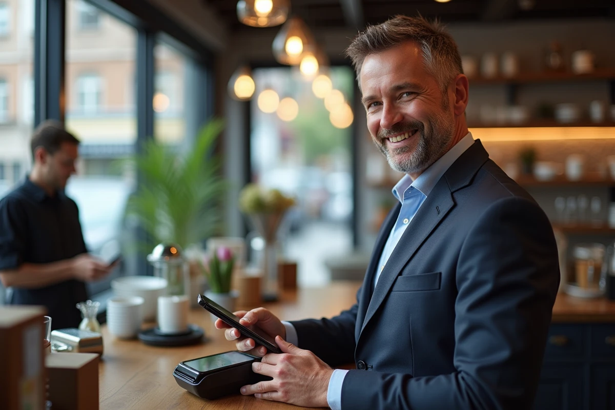 Homme faisant un paiement sans contact dans un café moderne