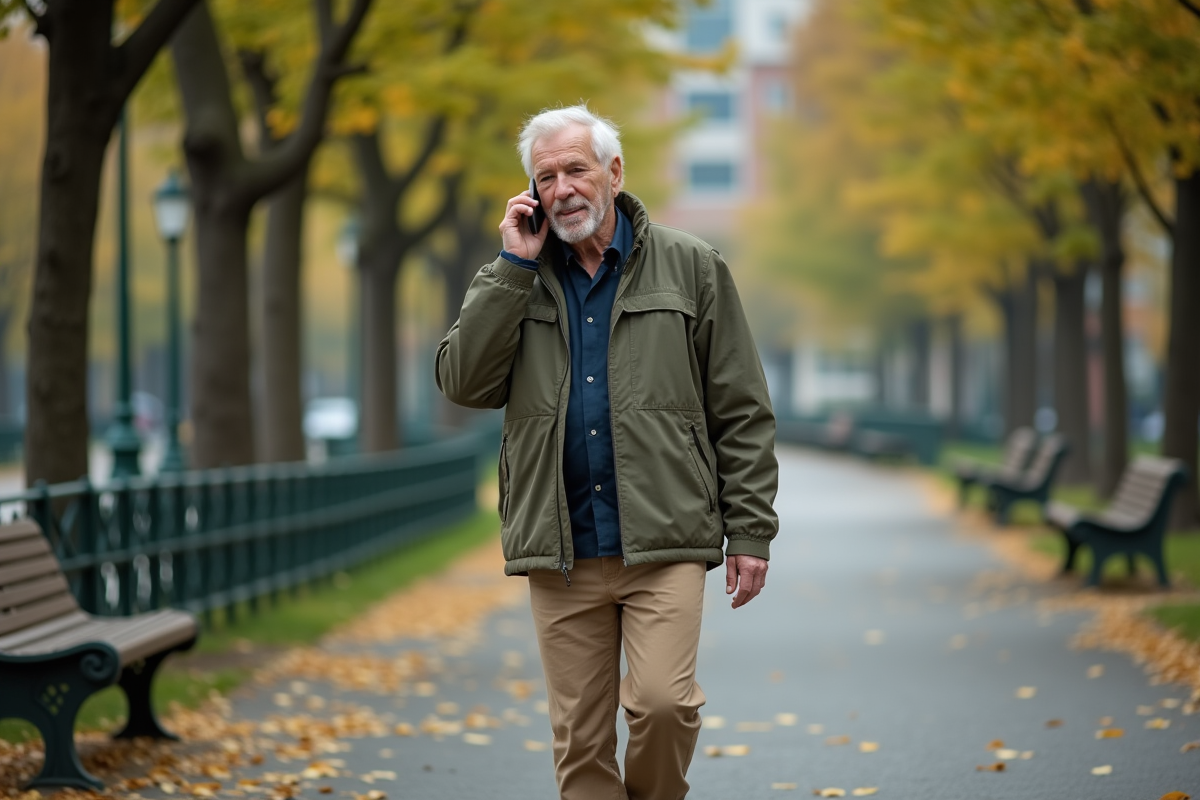 Homme âgé marchant dans un parc urbain en parlant au téléphone