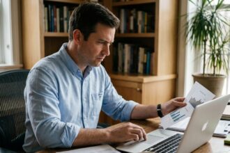 Homme consultant son plan d'épargne en actions sur ordinateur portable à domicile