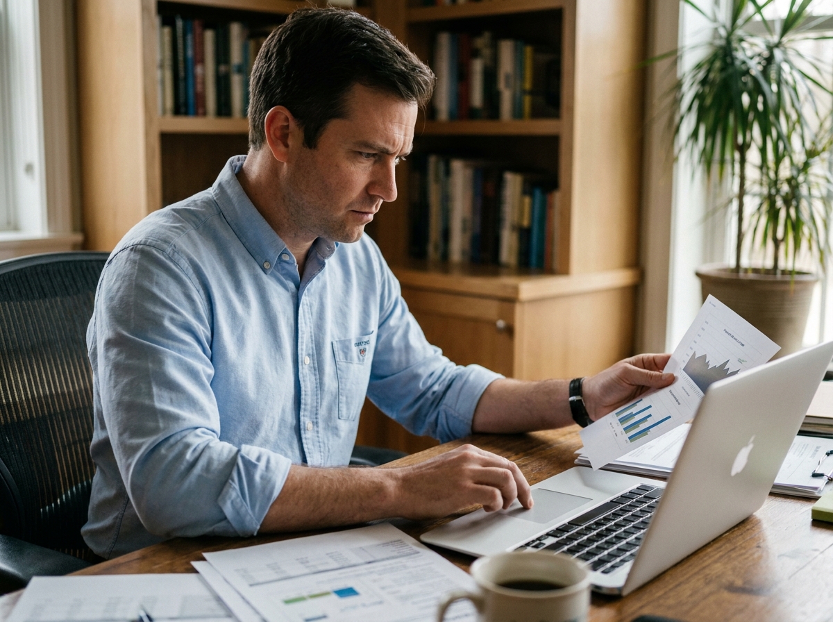 Homme consultant son plan d'épargne en actions sur ordinateur portable à domicile