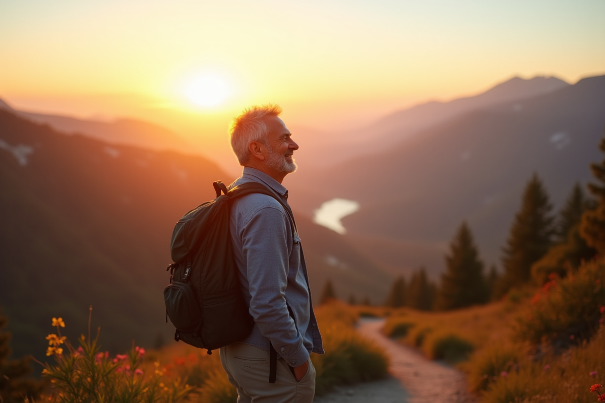 Homme souriant en randonnée profitant de la nature au lever du soleil