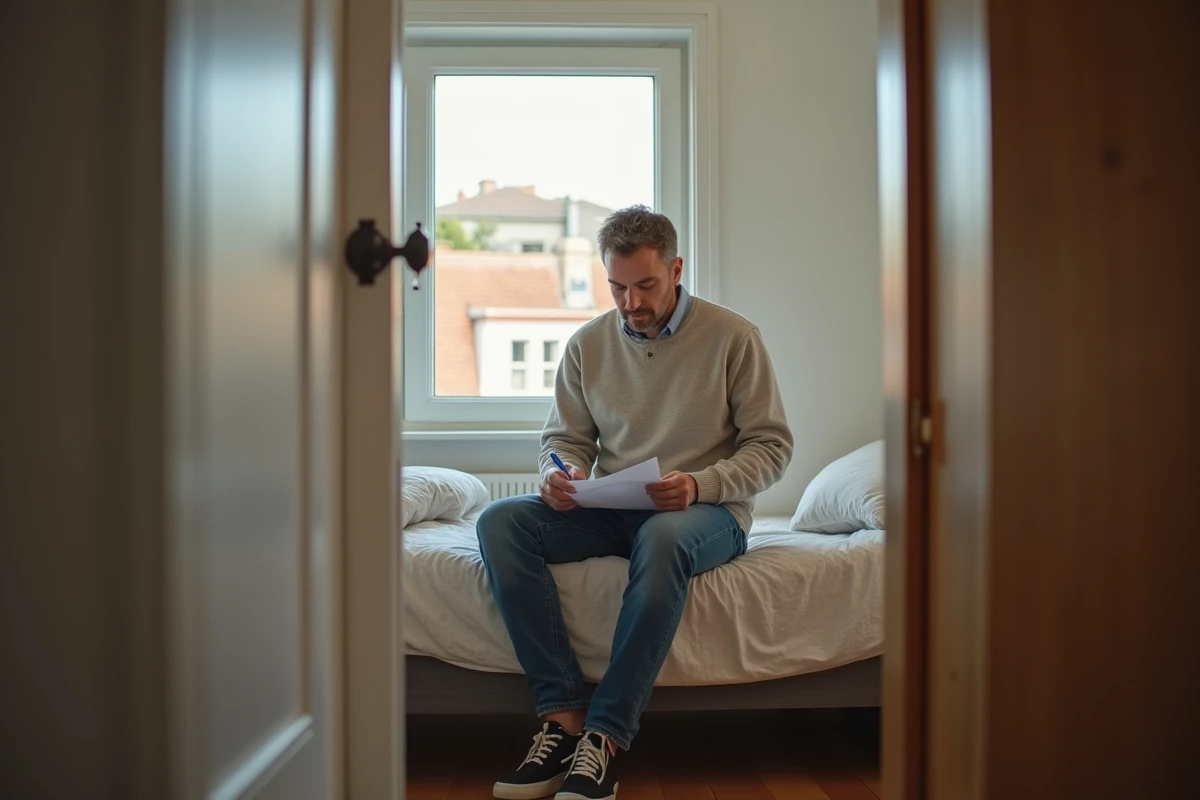 Homme d'âge moyen remplissant des papiers dans une chambre lumineuse