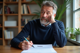 Homme d'âge moyen relisant des documents de pension à son bureau