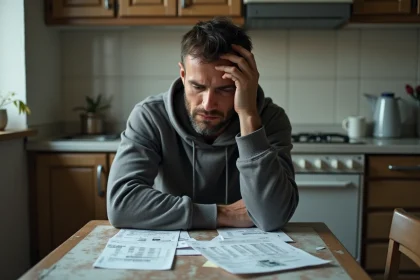 Homme pensif avec factures sur la table dans une cuisine modeste
