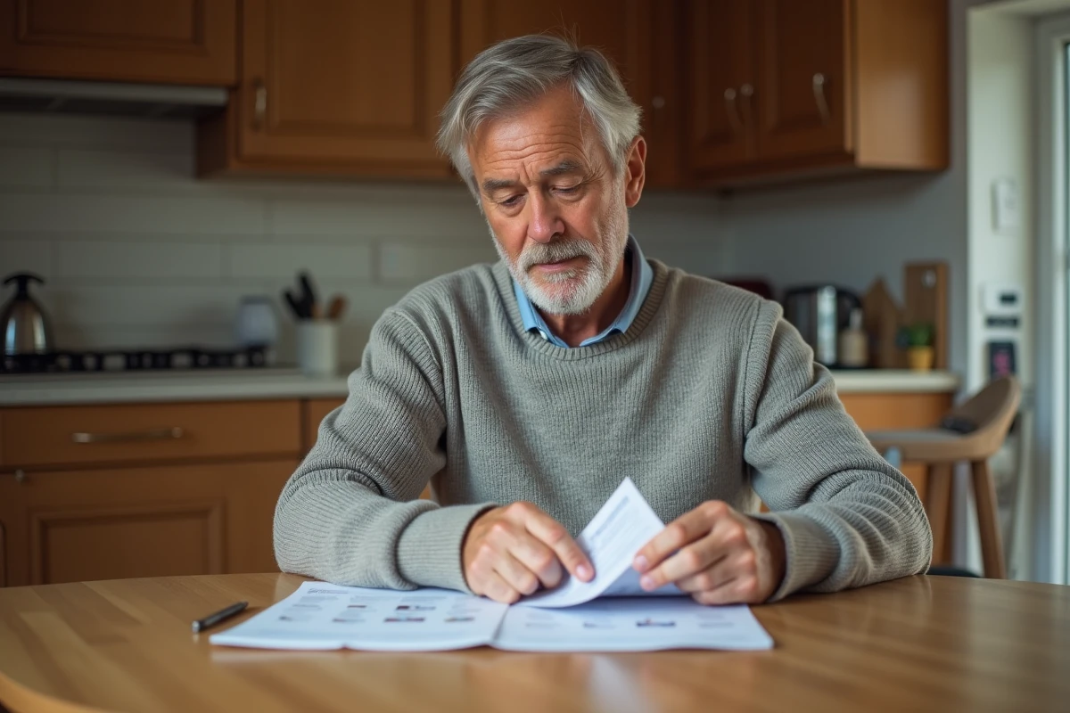 Homme à la maison vérifiant liste de magasins et chèques Cadhoc