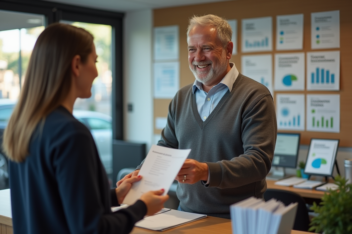 Homme d age moyen remettant des papiers à un agent dans un bureau financier