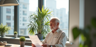Homme argenté en train de revoir ses papiers dans une cuisine lumineuse