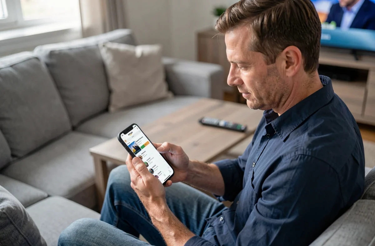Homme vérifiant ses abonnements Amazon Prime sur smartphone pour identifier un débit AMZ Digital FRA