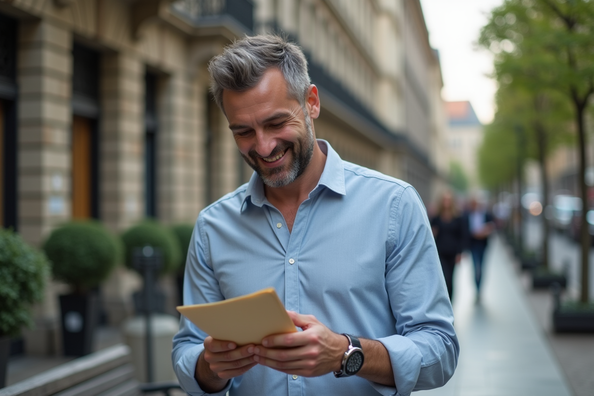 Homme souriant regardant son smartphone en ville