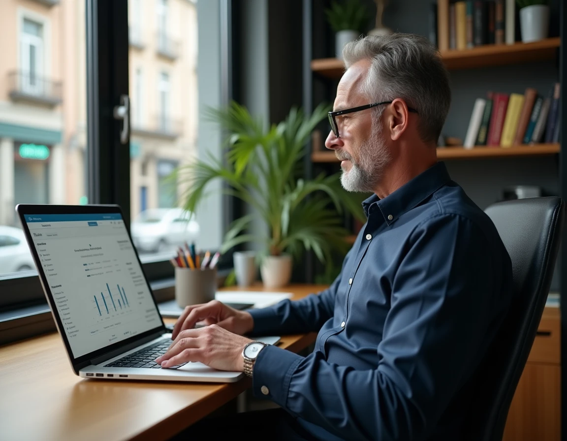 Homme d'affaires analysant ses dépenses quotidiennes sur un tableau de bord bancaire en ligne