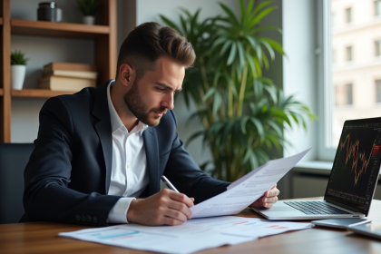 Homme en bureau moderne analysant des documents financiers