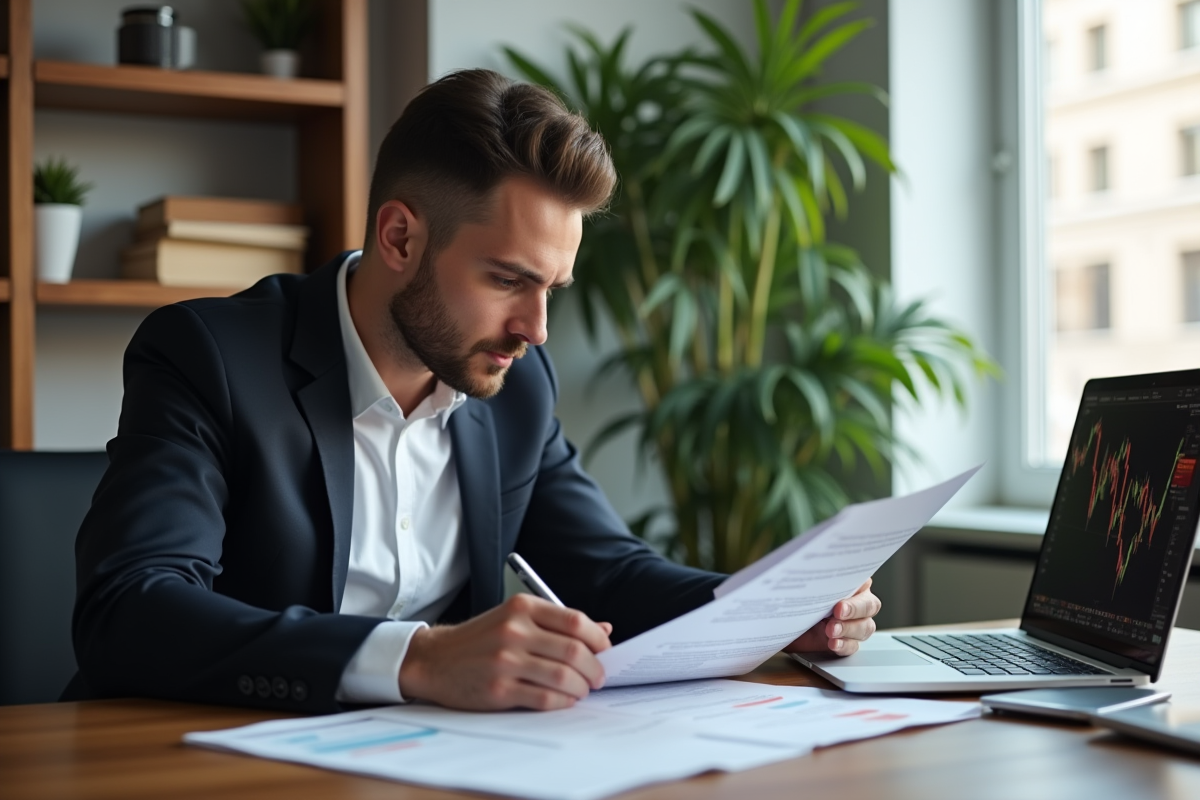 Homme en bureau moderne analysant des documents financiers