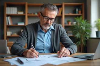 Homme d'âge moyen travaillant sur des documents financiers dans un bureau moderne