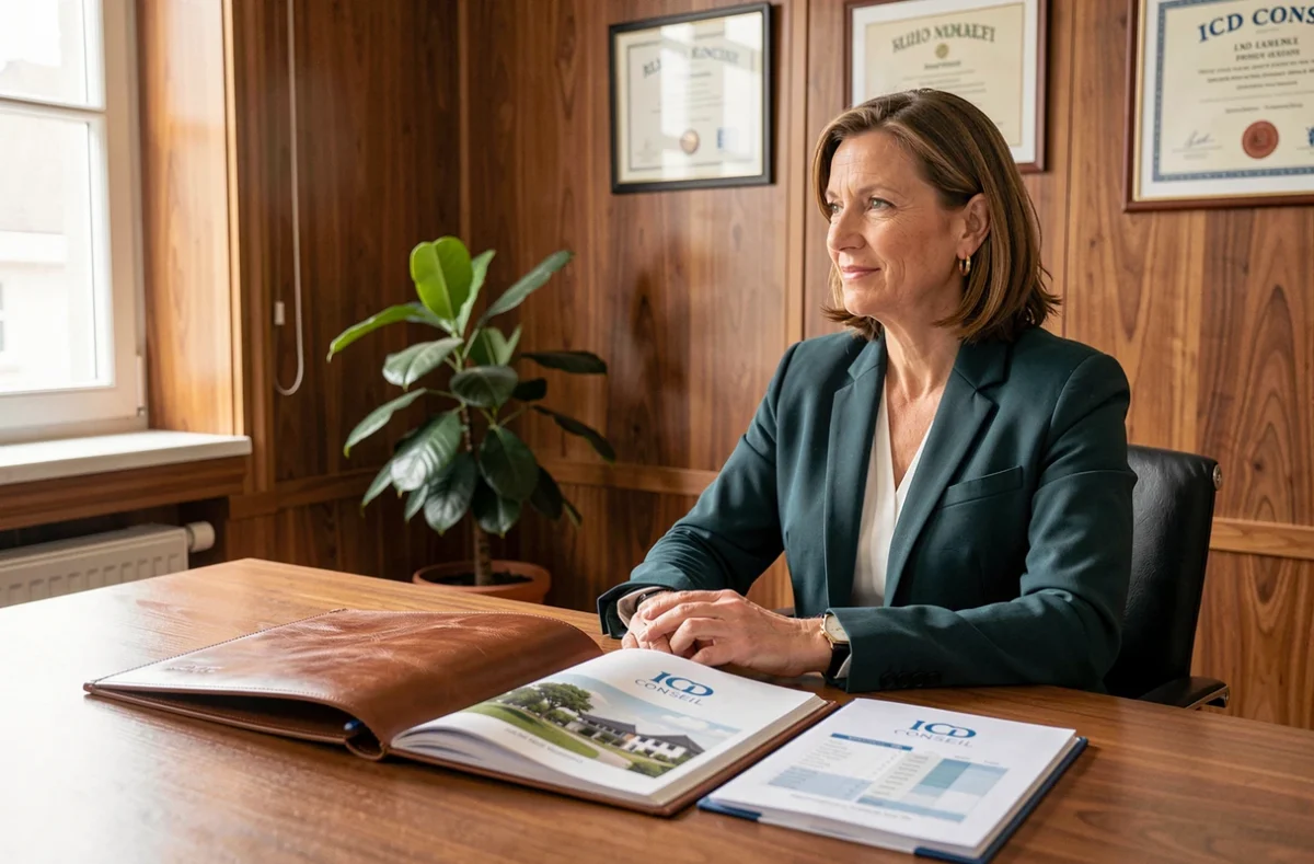 Consultante d'ICD Conseil présentant un bilan d'investissement locatif à un client dans une salle de réunion chaleureuse