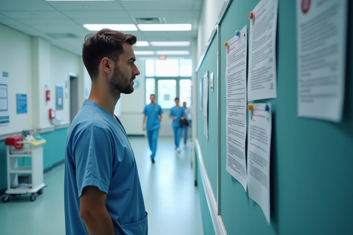 Infirmier hospitalier de la fonction publique lisant une note sur la revalorisation du point d'indice en 2026