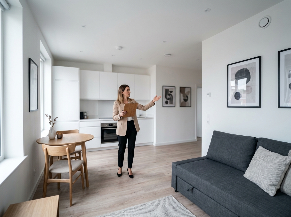 Propriétaire ou gestionnaire inspectant un studio meublé rénové avant mise en location
