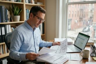 Investisseur immobilier analysant des documents financiers et plans d'appartement meublé sur un bureau en bois