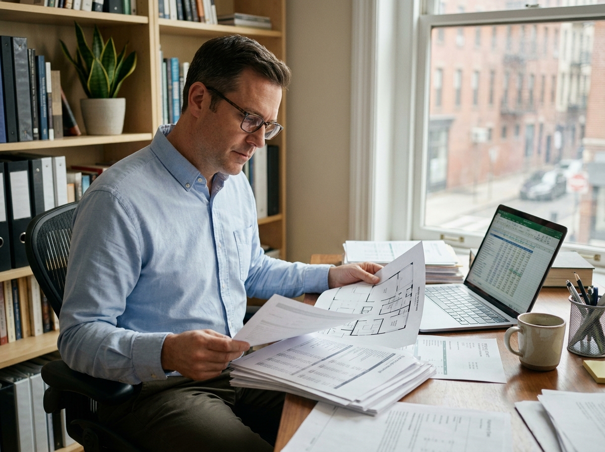 Investisseur immobilier analysant des documents financiers et plans d'appartement meublé sur un bureau en bois