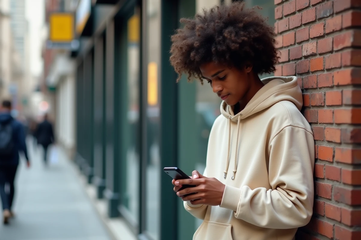 Jeune adulte devant une agence bancaire consultant un message d'erreur sur l'application Caisse d'Épargne