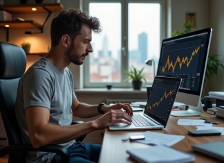 ICO : date de la première initial coin offering en cryptomonnaie Jeune entrepreneur tech regardant un graphique crypto sur son ordinateur