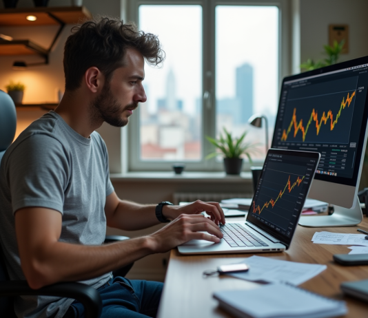 ICO : date de la première initial coin offering en cryptomonnaie Jeune entrepreneur tech regardant un graphique crypto sur son ordinateur