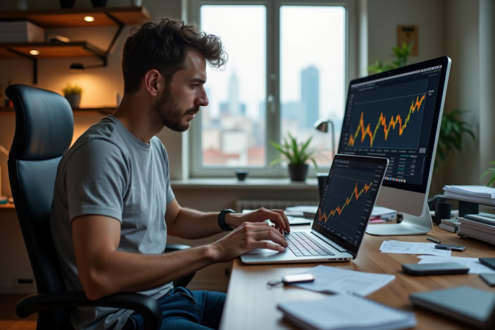 Jeune entrepreneur tech regardant un graphique crypto sur son ordinateur