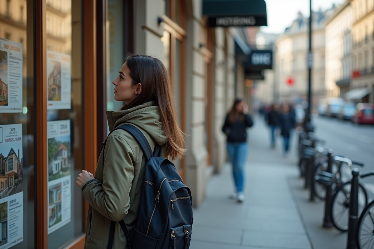 Jeune femme examinant des annonces immobilières devant une vitrine urbaine