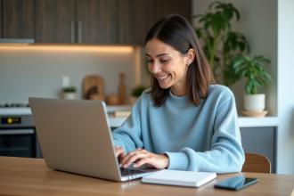 Jeune femme souriante compare options bancaires en ligne