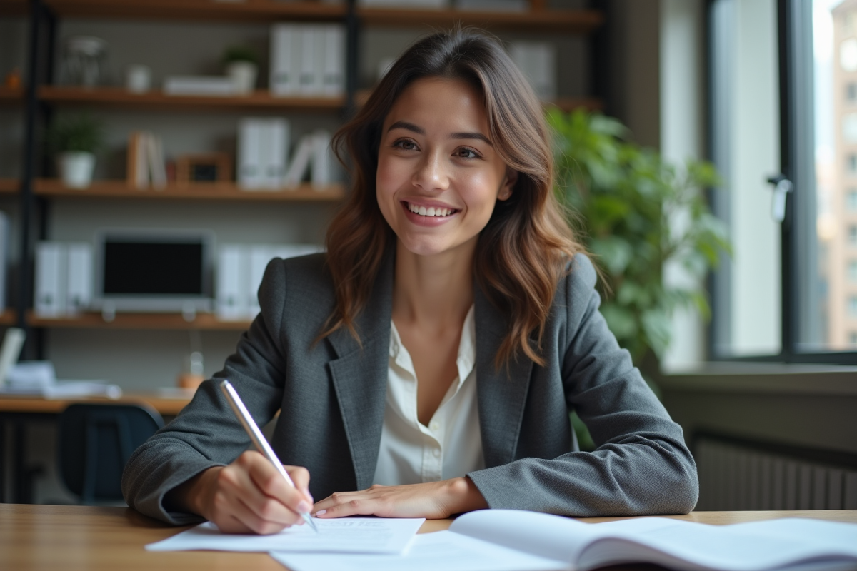 Jeune femme au bureau remplissant des formulaires avec concentration