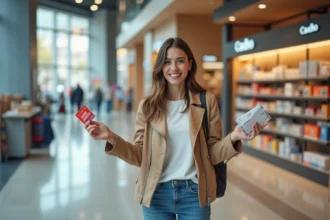Jeune femme souriante avec carte cadeau Cadhoc en magasin