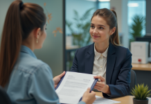 Prêt étudiant : Documents à fournir pour obtenir un financement Jeune femme remettant un dossier à un agent bancaire