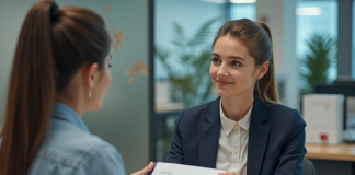 Prêt étudiant : Documents à fournir pour obtenir un financement Jeune femme remettant un dossier à un agent bancaire