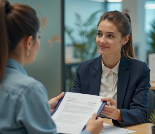 Prêt étudiant : Documents à fournir pour obtenir un financement Jeune femme remettant un dossier à un agent bancaire