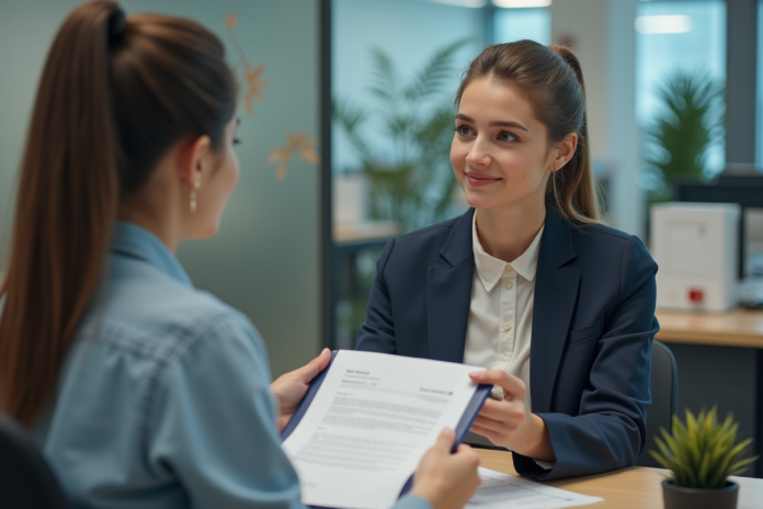 Jeune femme remettant un dossier à un agent bancaire
