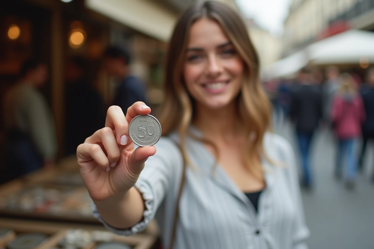 Jeune femme souriante montrant une pièce de 50 Francs 1977