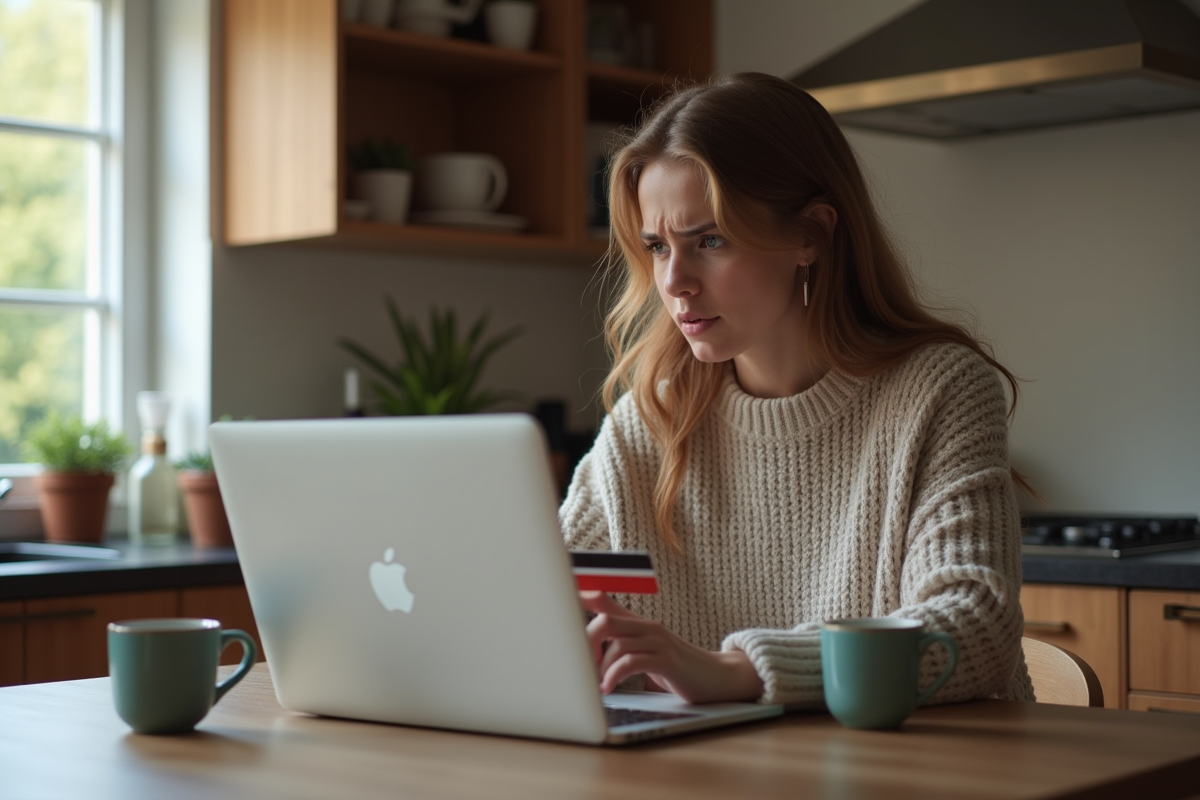 Jeune femme frustrée avec ordinateur et carte bancaire à la maison