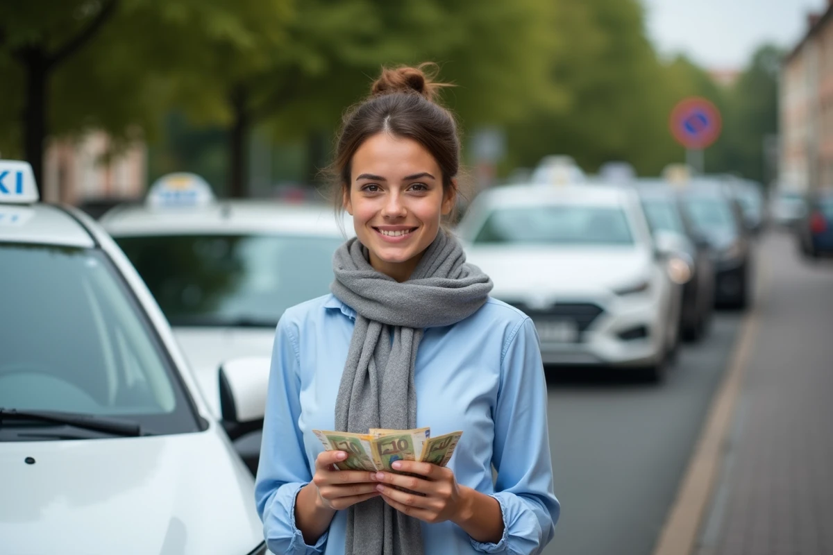 Jeune conductrice de taxi comptant des euros devant son véhicule