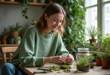 Atelier terrarium Paris : une activité relaxante et écolo Femme assemble un terrarium dans un studio parisien lumineux