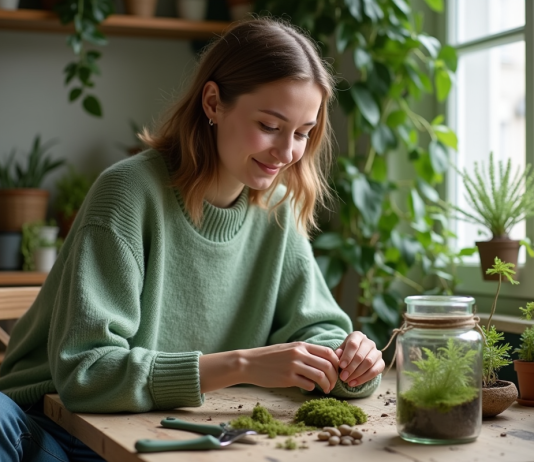 Atelier terrarium Paris : une activité relaxante et écolo Femme assemble un terrarium dans un studio parisien lumineux