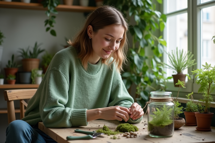 jeune-femme-terrarium-paris Femme assemble un terrarium dans un studio parisien lumineux