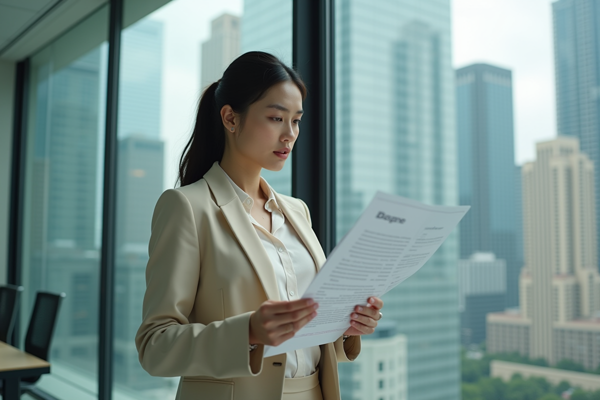 Jeune femme vérifiant des relevés bancaires dans un bureau urbain