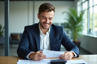 Jeune homme d'affaires souriant vérifiant sa fiche de paie