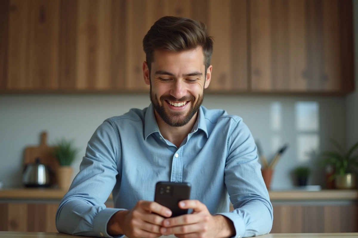 Jeune homme souriant vérifiant son application bancaire sur smartphone à la maison