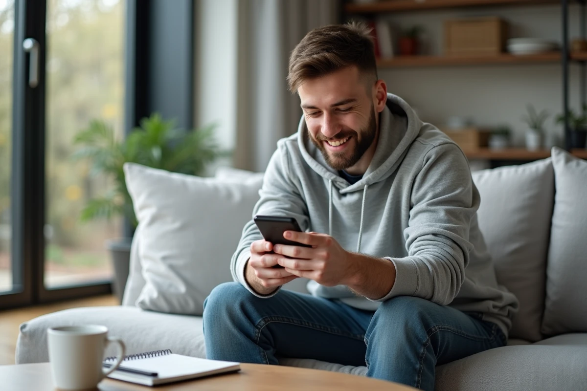 Jeune homme consultant une application d'épargne sur smartphone pour gérer son livret A