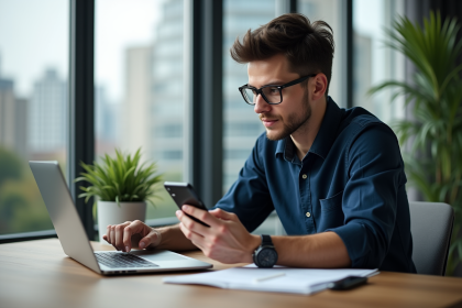 Jeune homme en bureau moderne vérifiant son ordinateur et smartphone