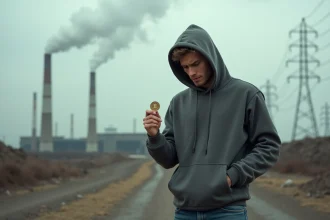 Jeune homme inquiet tenant une pièce de crypto dans un paysage industriel pollué