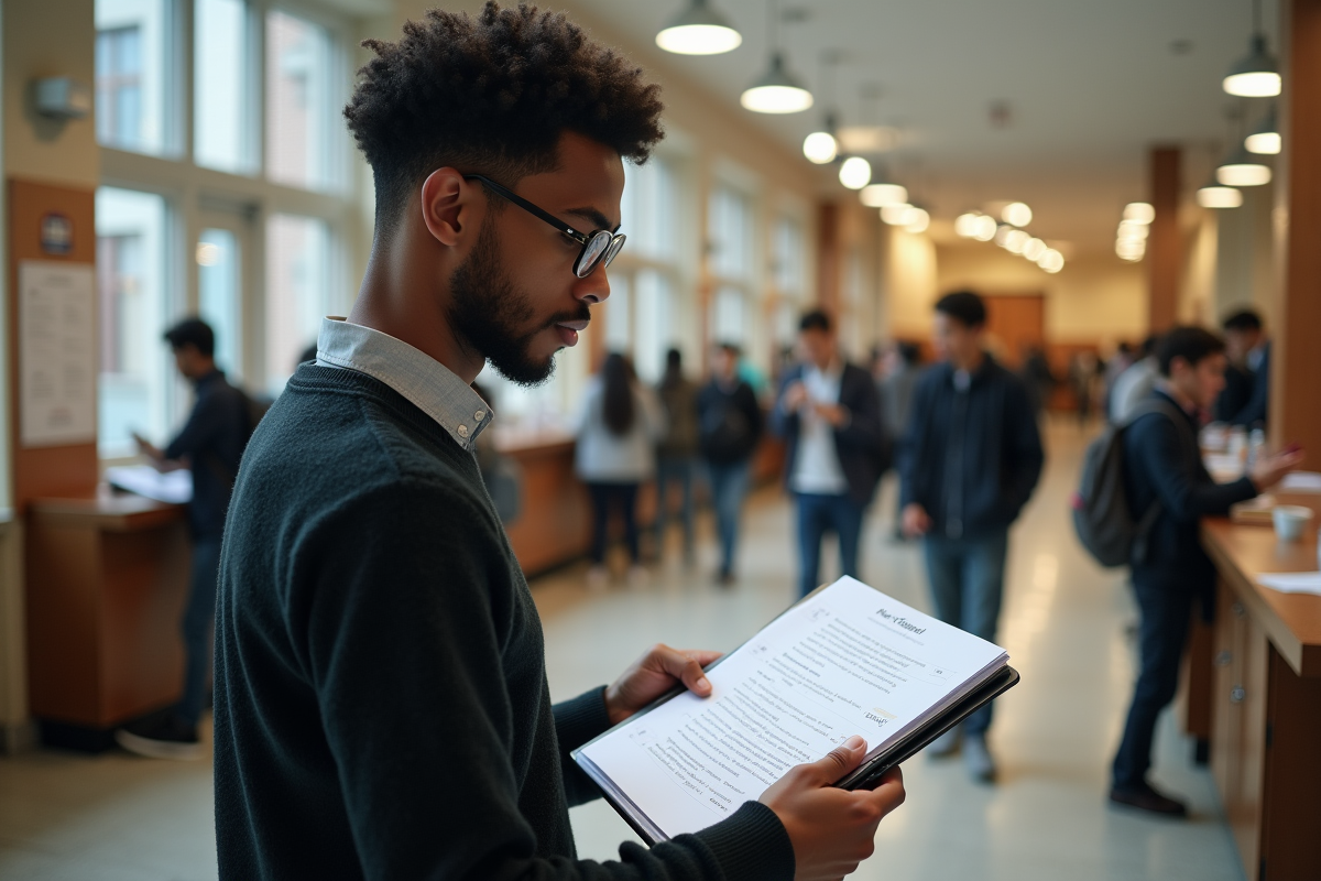 Jeune homme étudiant triant des papiers à l