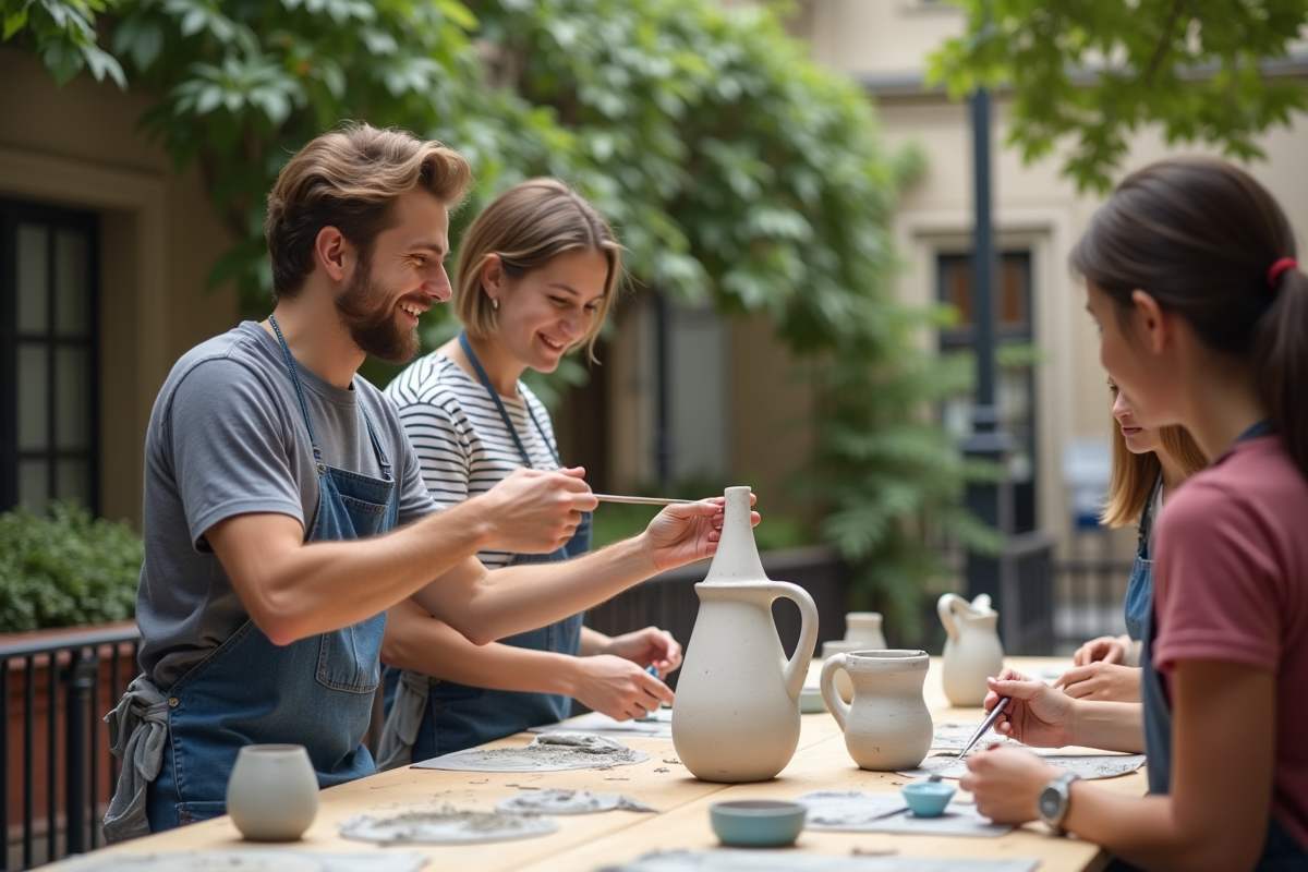 Jeune homme riant en peignant un vase en céramique dans un cour parisienne