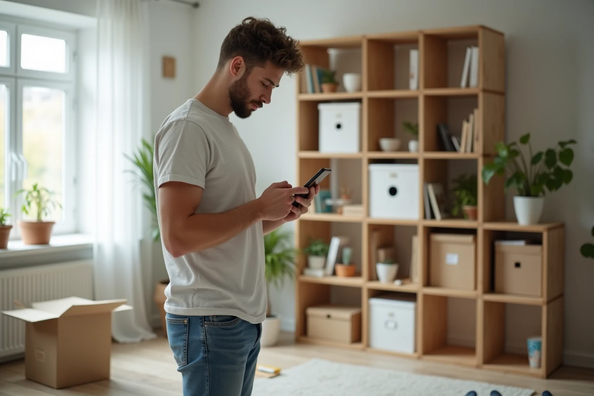 Jeune homme utilisant son smartphone dans un salon lumineux